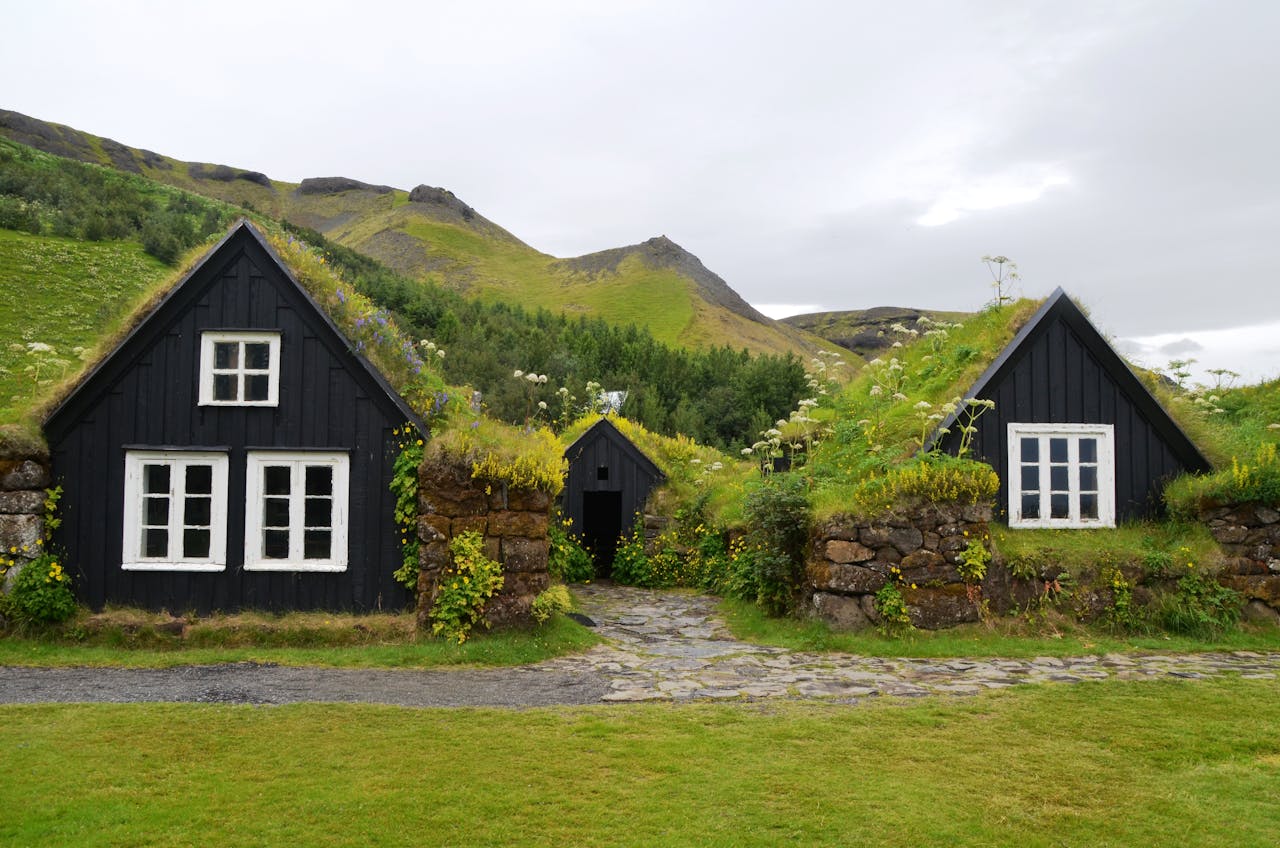 houses with vegetation roofs, mountains, green grass, trees, cloudy day